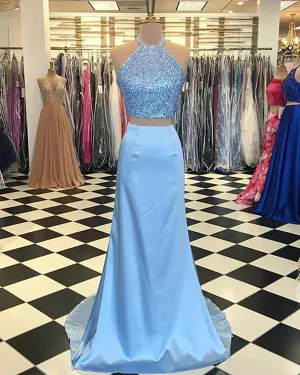 2018 Light Blue Mermaid Prom Dresses Halter Beaded Elastic Satin Two Piece Prom Party Gowns