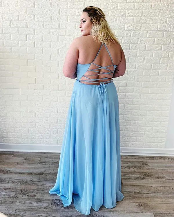 2019 Light Blue Prom Dresses with Split Deep V-Neck Chiffon Long Prom Gowns Criss Cross Back