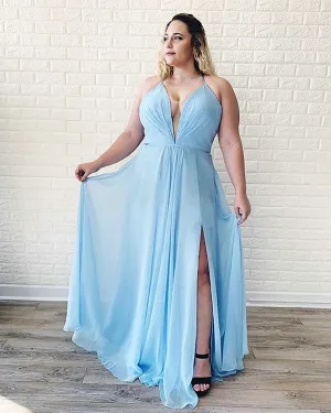 2019 Light Blue Prom Dresses with Split Deep V-Neck Chiffon Long Prom Gowns Criss Cross Back