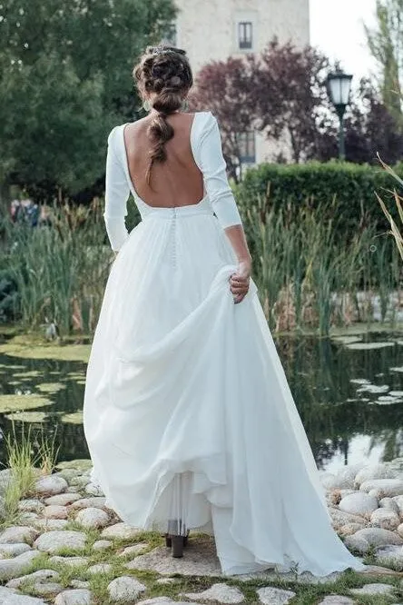 2021 Simple Outdoor Bridal Dress with 3/4 Sleeves