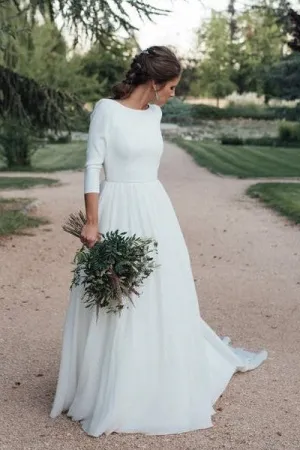 2021 Simple Outdoor Bridal Dress with 3/4 Sleeves