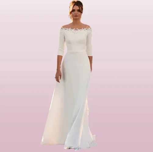 3/4 Sleeve O-Neck Wedding Dress A-Line Lace Appliques Satin Civil Bridal Gown For Women Robe De Mariee Simle Civil