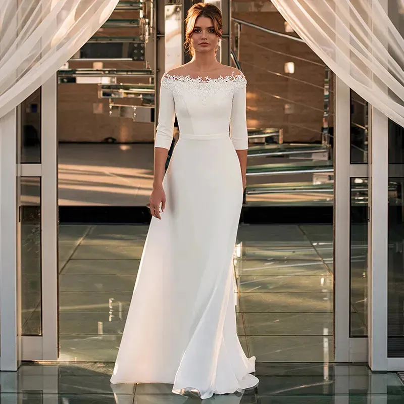 3/4 Sleeve O-Neck Wedding Dress A-Line Lace Appliques Satin Civil Bridal Gown For Women Robe De Mariee Simle Civil