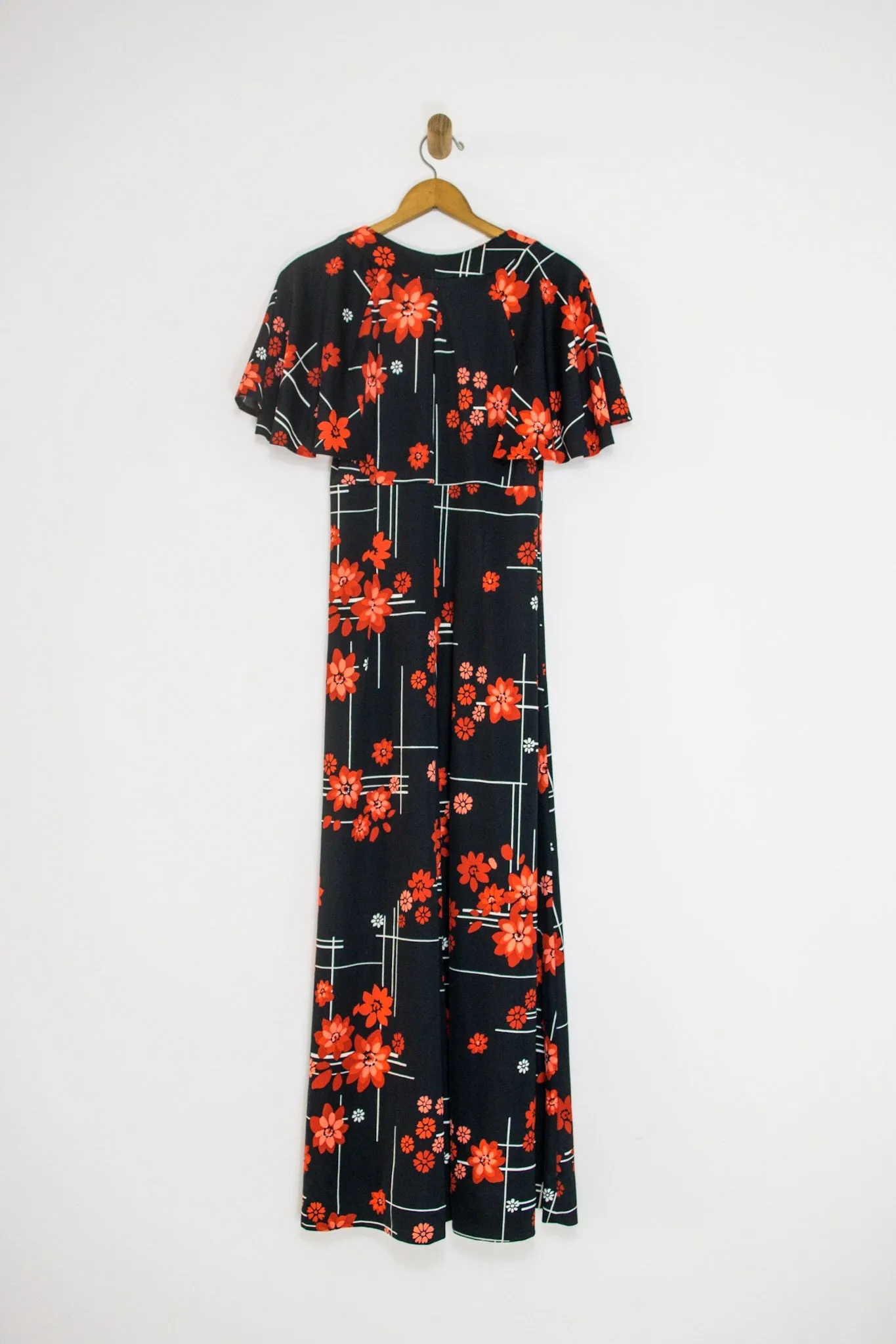 70's BLACK FLORAL MAXI DRESS / MEDIUM