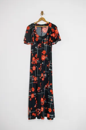 70's BLACK FLORAL MAXI DRESS / MEDIUM