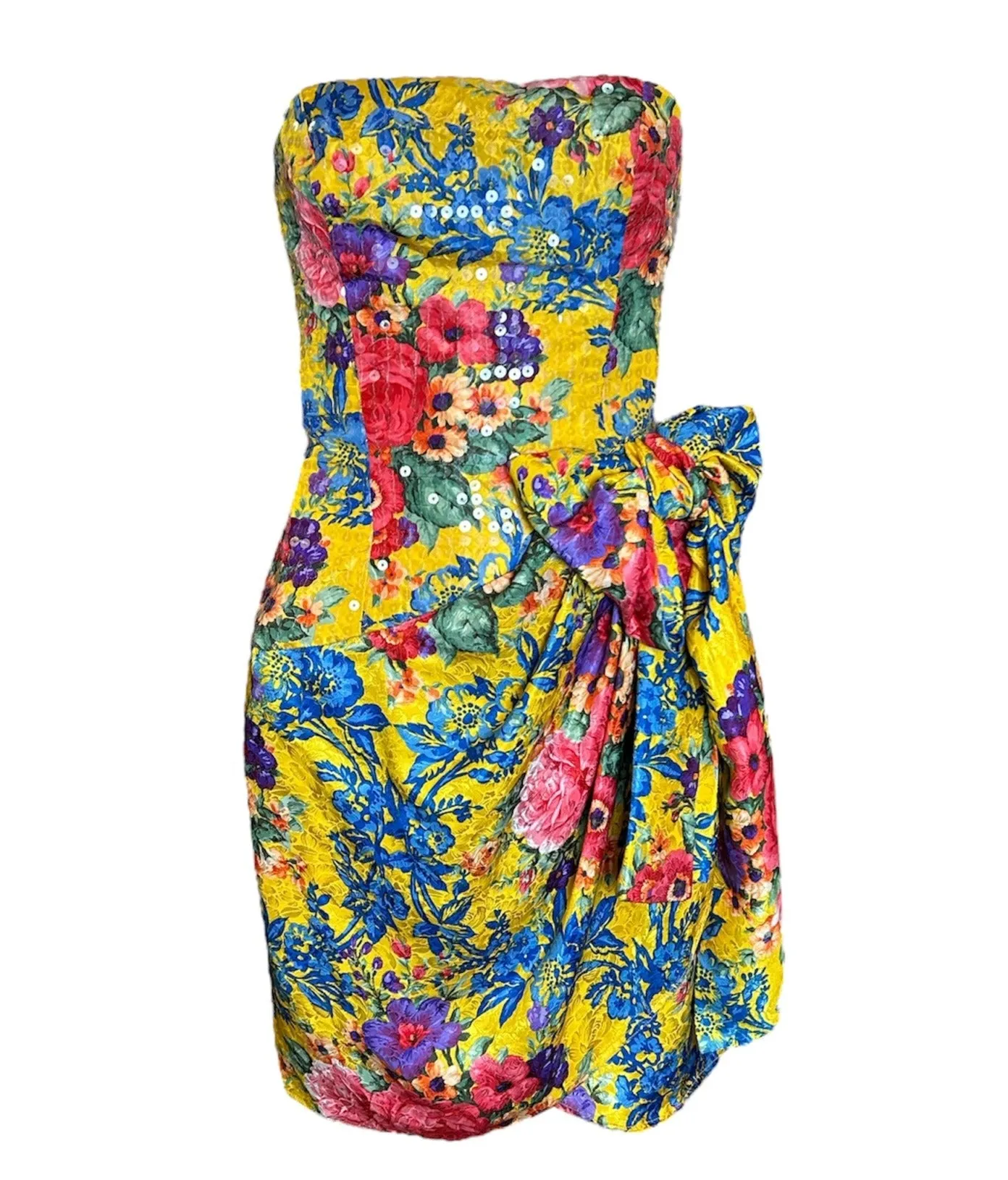 80s Bellville Sassoon Yellow Floral Silk & Sequined Cocktail Dress