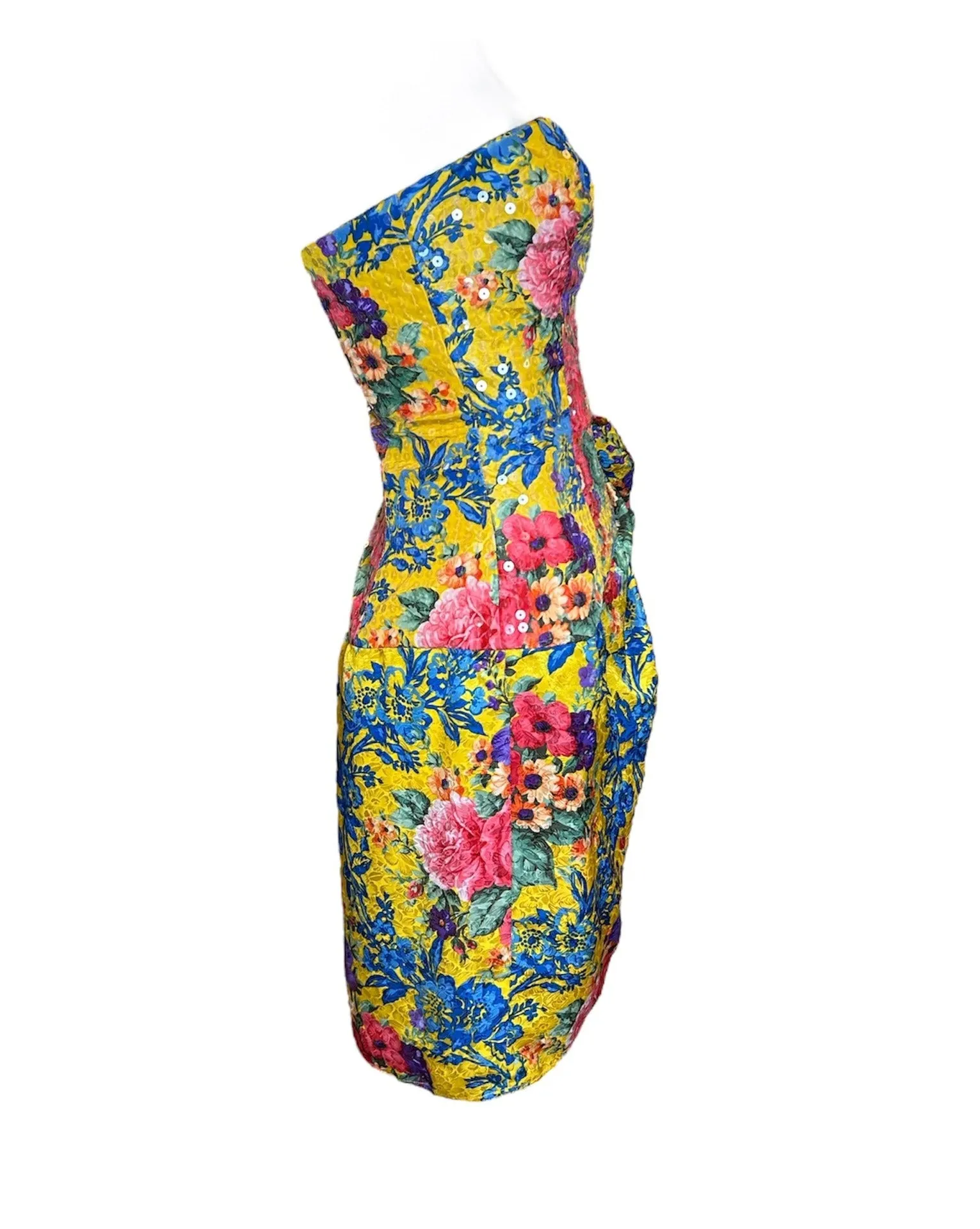 80s Bellville Sassoon Yellow Floral Silk & Sequined Cocktail Dress