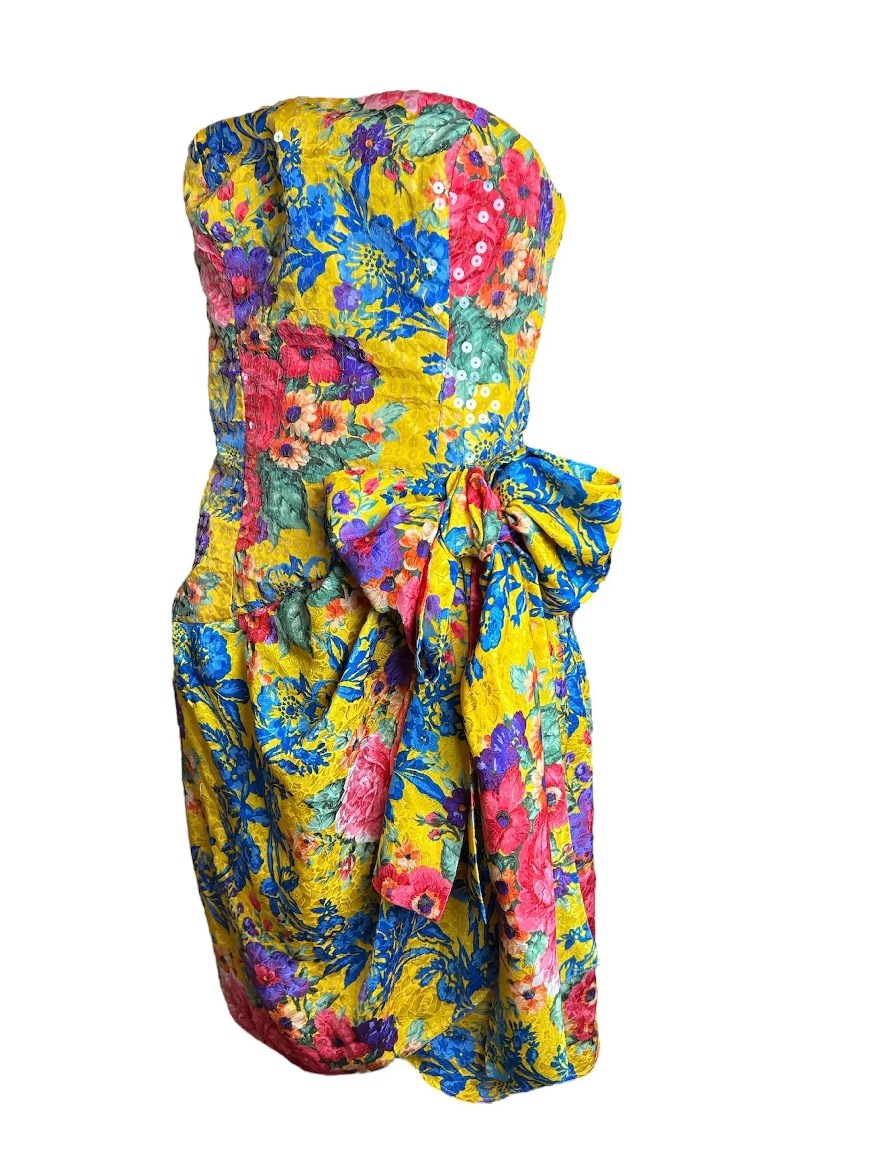 80s Bellville Sassoon Yellow Floral Silk & Sequined Cocktail Dress