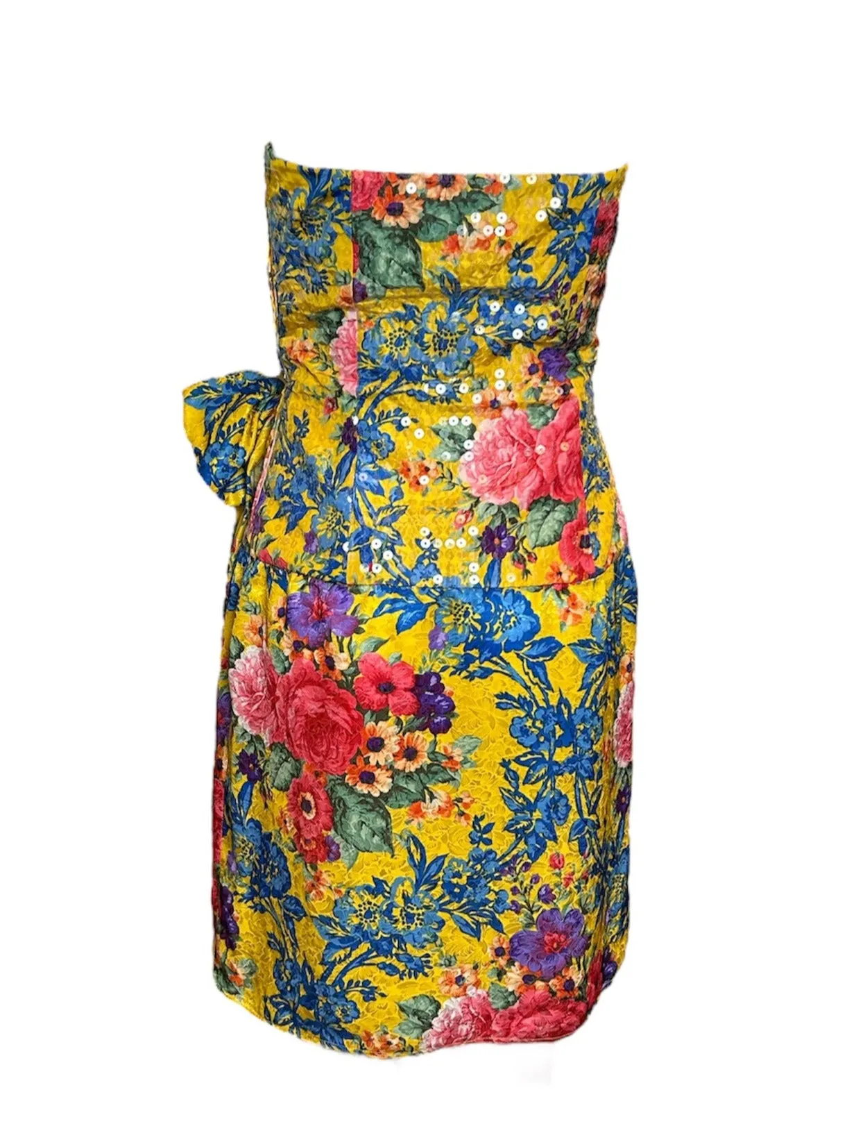 80s Bellville Sassoon Yellow Floral Silk & Sequined Cocktail Dress