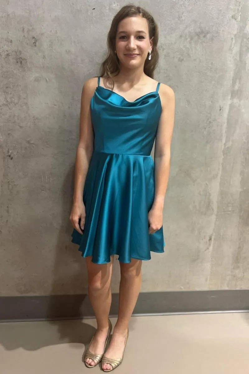 A-line Cowl Neck Lace-Up Short Homecoming Dresses