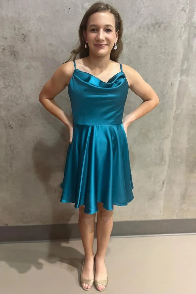A-line Cowl Neck Lace-Up Short Homecoming Dresses