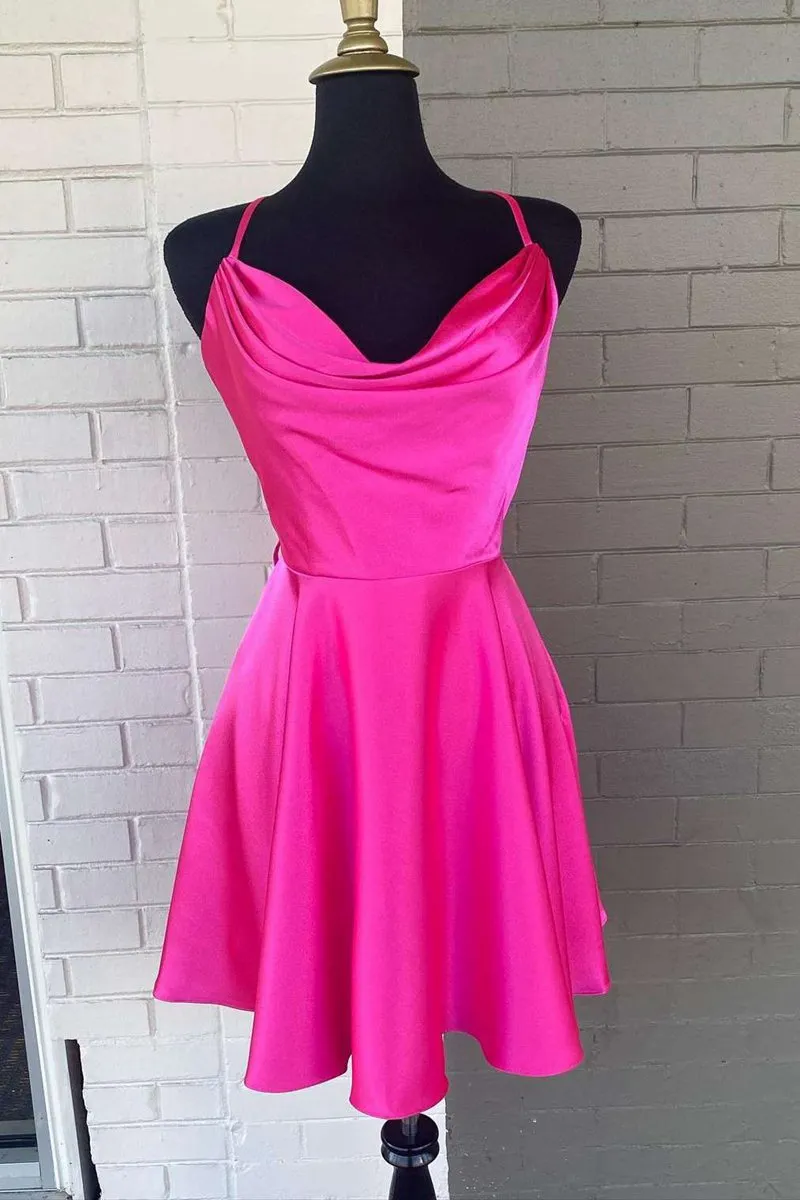 A-line Cowl Neck Lace-Up Short Homecoming Dresses