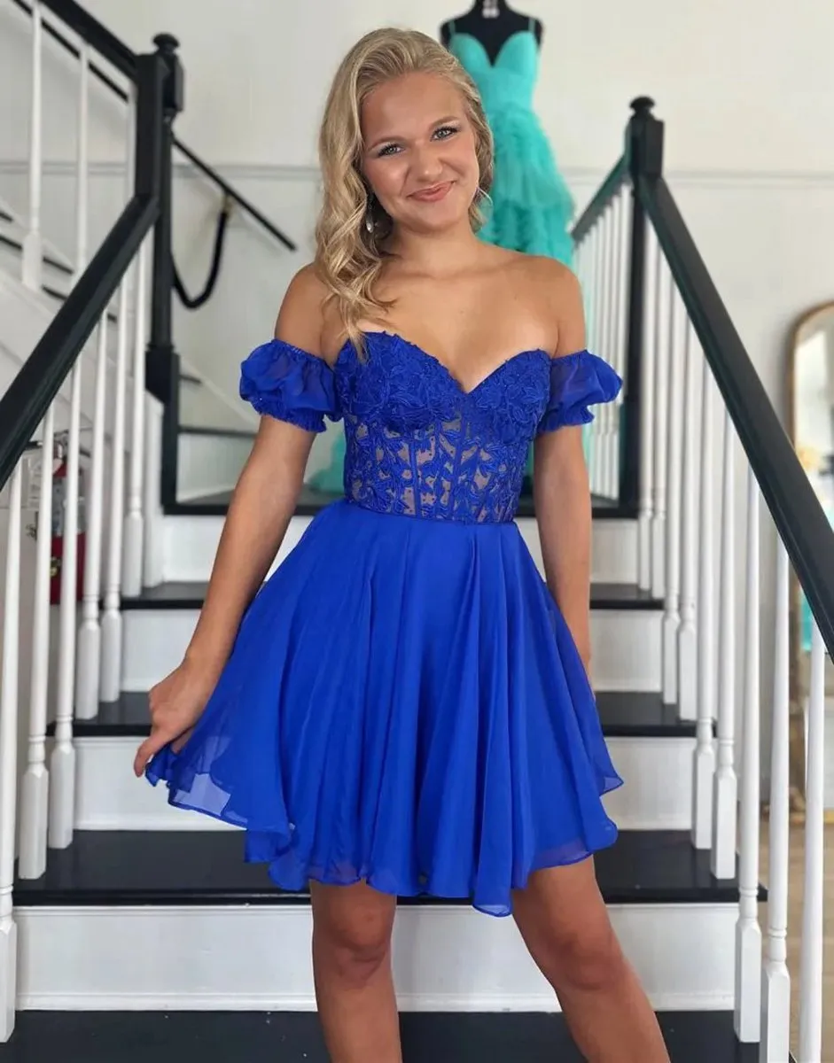 A-line Lace Off the Shoulder Homecoming Dresses with Appliques
