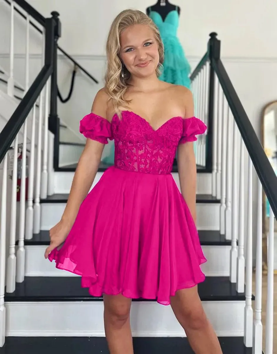 A-line Lace Off the Shoulder Homecoming Dresses with Appliques
