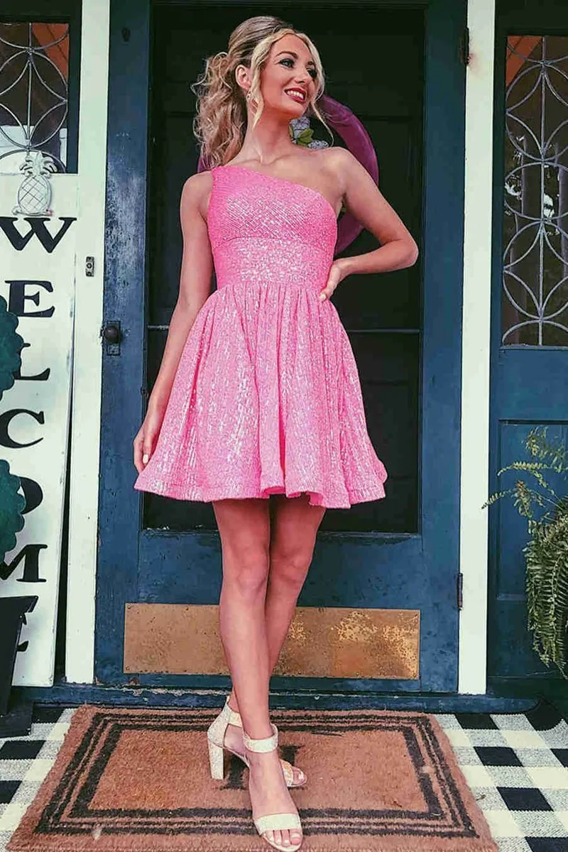 A-line One Shoulder Sequins Homecoming Dresses