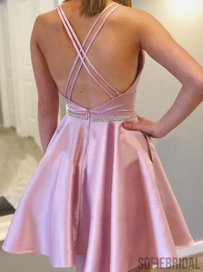A-line Pink Satin Backless Sleeveless Homecoming Dress With Pocket, HD0132