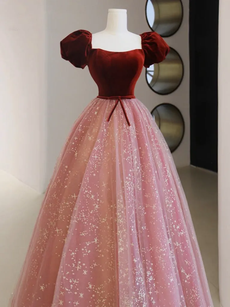 A-Line Pink Tulle Velvet Long Prom Dress, Pink Tulle Formal Dress