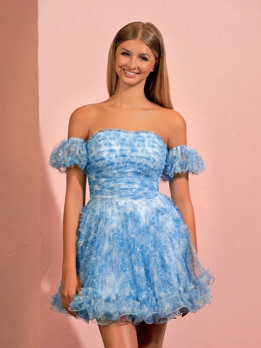A-line Printed Tulle Ruffles Homecoming Dresses with Puff Sleeves