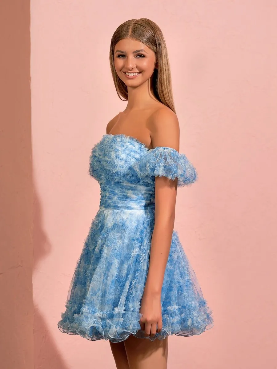 A-line Printed Tulle Ruffles Homecoming Dresses with Puff Sleeves