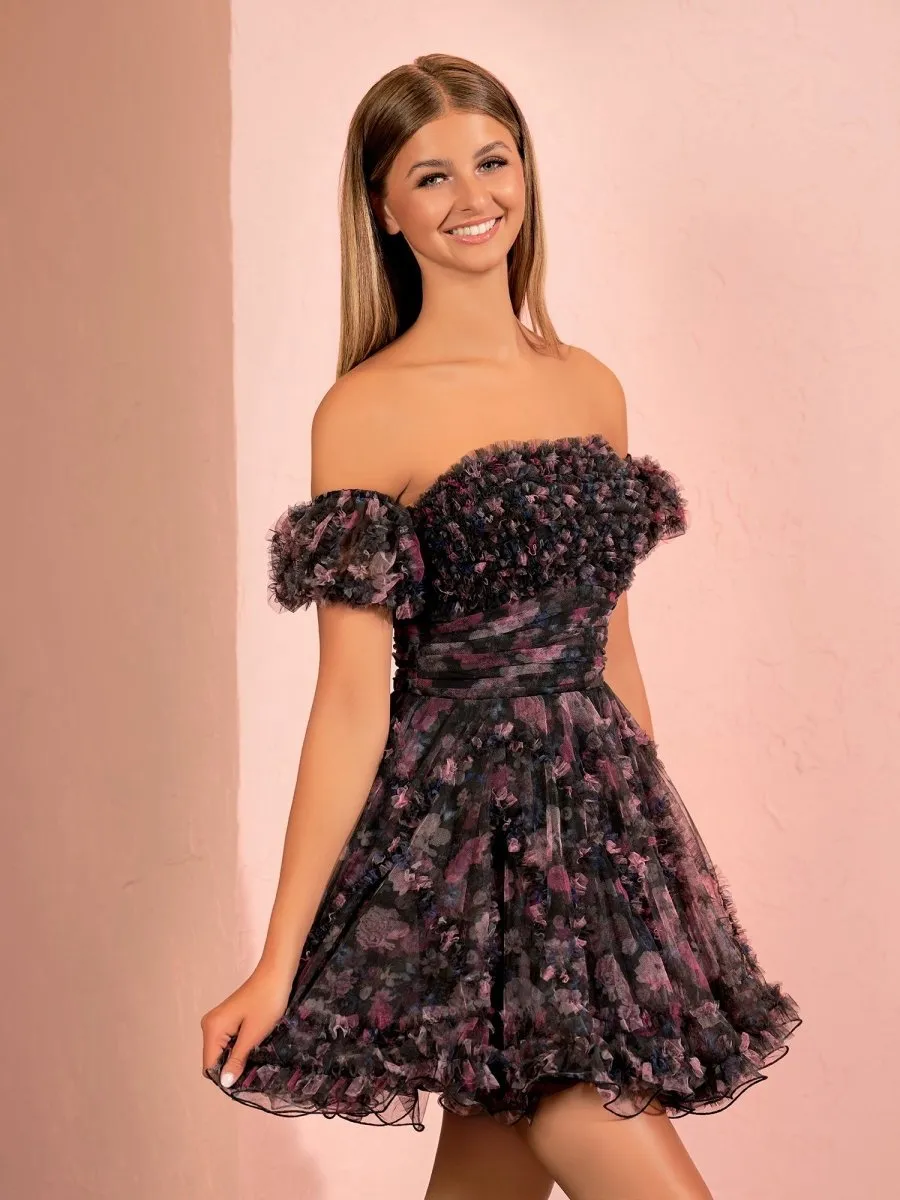 A-line Printed Tulle Ruffles Homecoming Dresses with Puff Sleeves