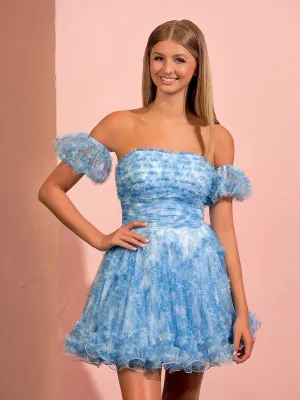 A-line Printed Tulle Ruffles Homecoming Dresses with Puff Sleeves