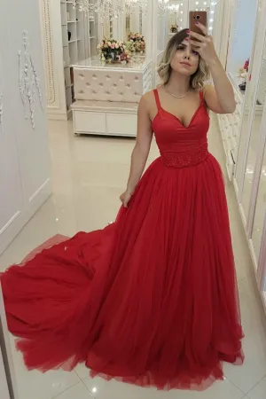 A-line Red Tulle Prom Gown with Double Shoulder Straps