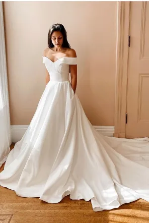 A-line Satin Long Train Bridal Gown Off-the-shoulder
