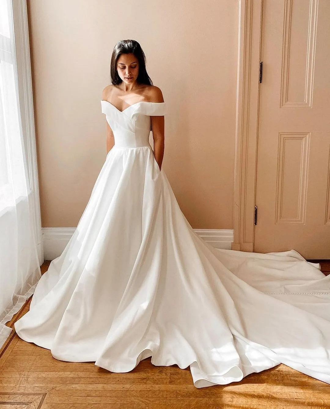 A-line Satin Long Train Bridal Gown Off-the-shoulder