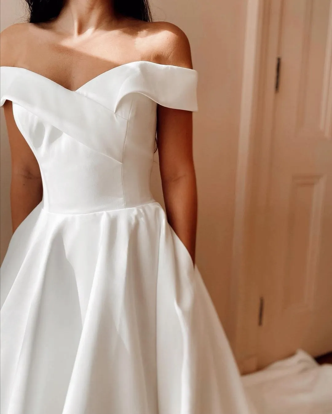 A-line Satin Long Train Bridal Gown Off-the-shoulder