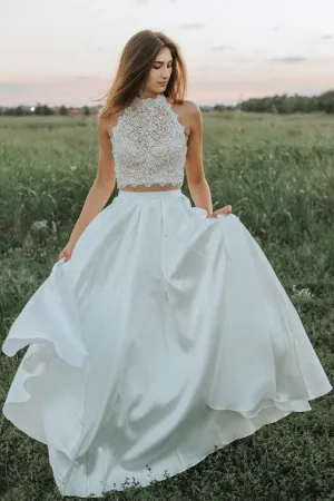 A-line Satin Two-piece Wedding Gown with Hollow Lace Top