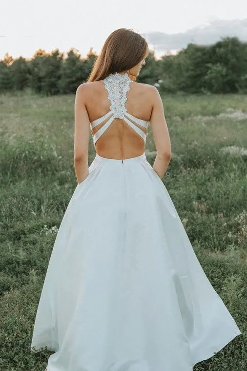 A-line Satin Two-piece Wedding Gown with Hollow Lace Top