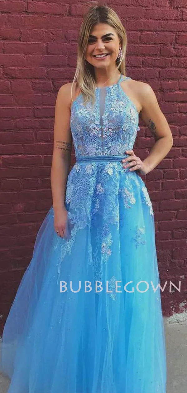 A-line Sky Blue Tulle Appliques Lace Long Evening Prom Dresses, Cheap Custom Prom Dresses, MR7556
