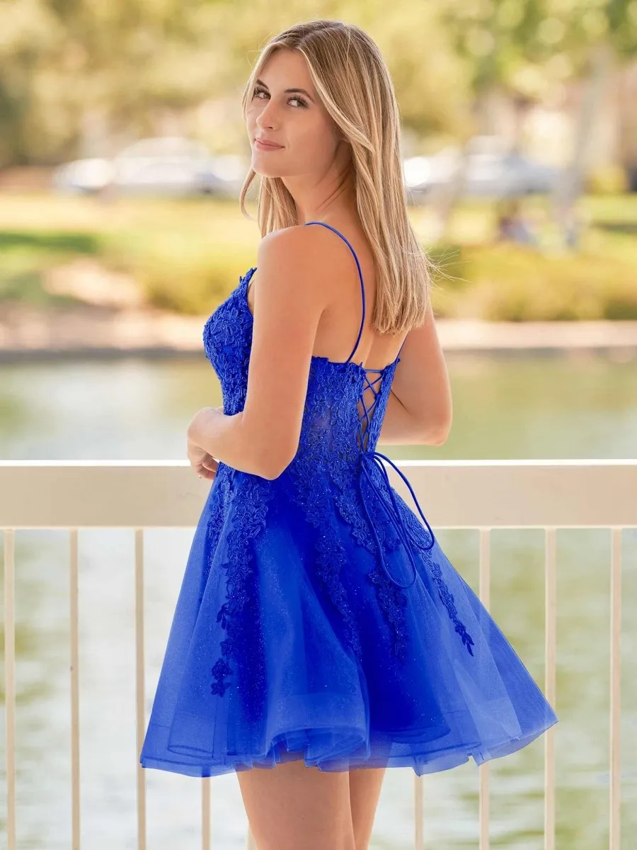 A-line Spaghetti-Straps Lace Homecoming Dresses with Appliques