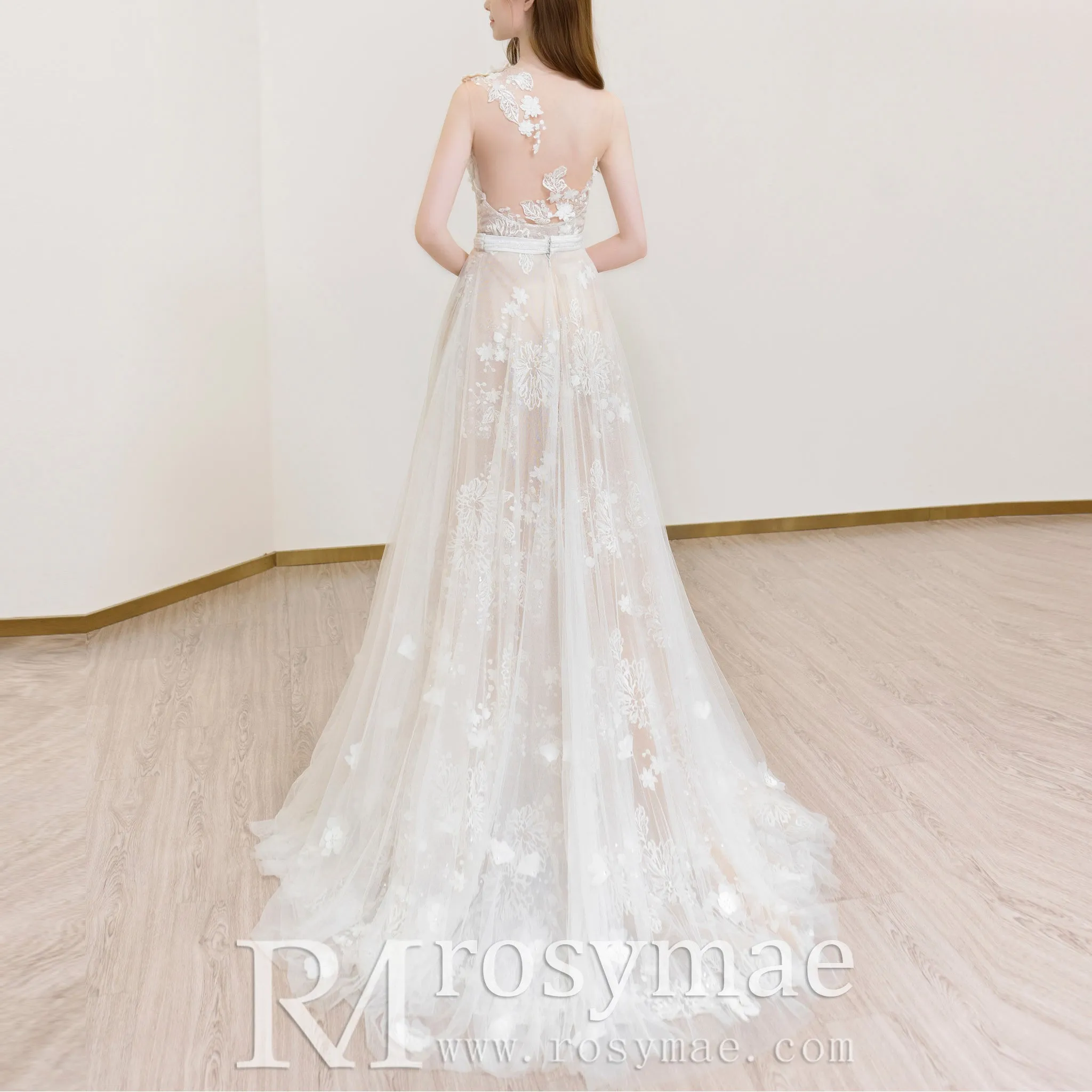 A-line Sweetheart Neck Wedding Dress with Floral Lace and Sash