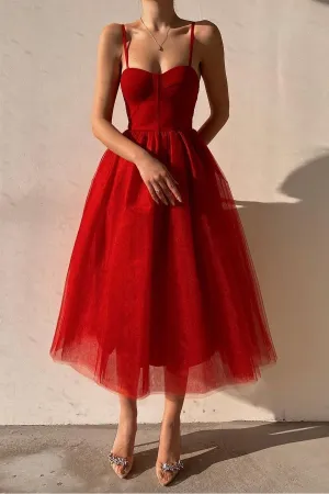 A-line Tea-Length Red Prom Dress with Straps