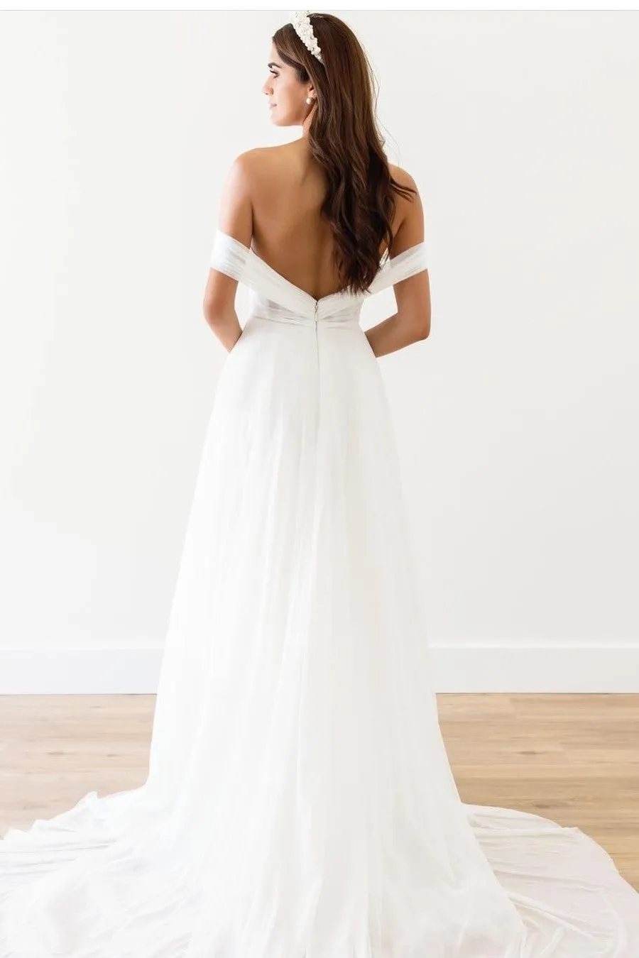 A-line Tulle Beach Wedding Gown Off-the-Shoulder