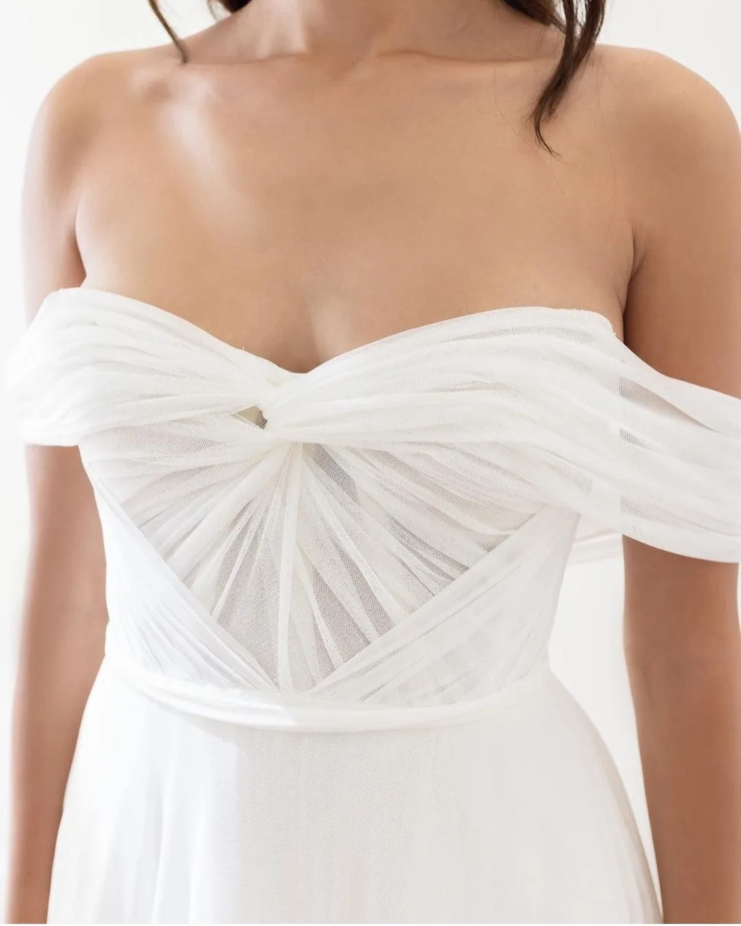 A-line Tulle Beach Wedding Gown Off-the-Shoulder