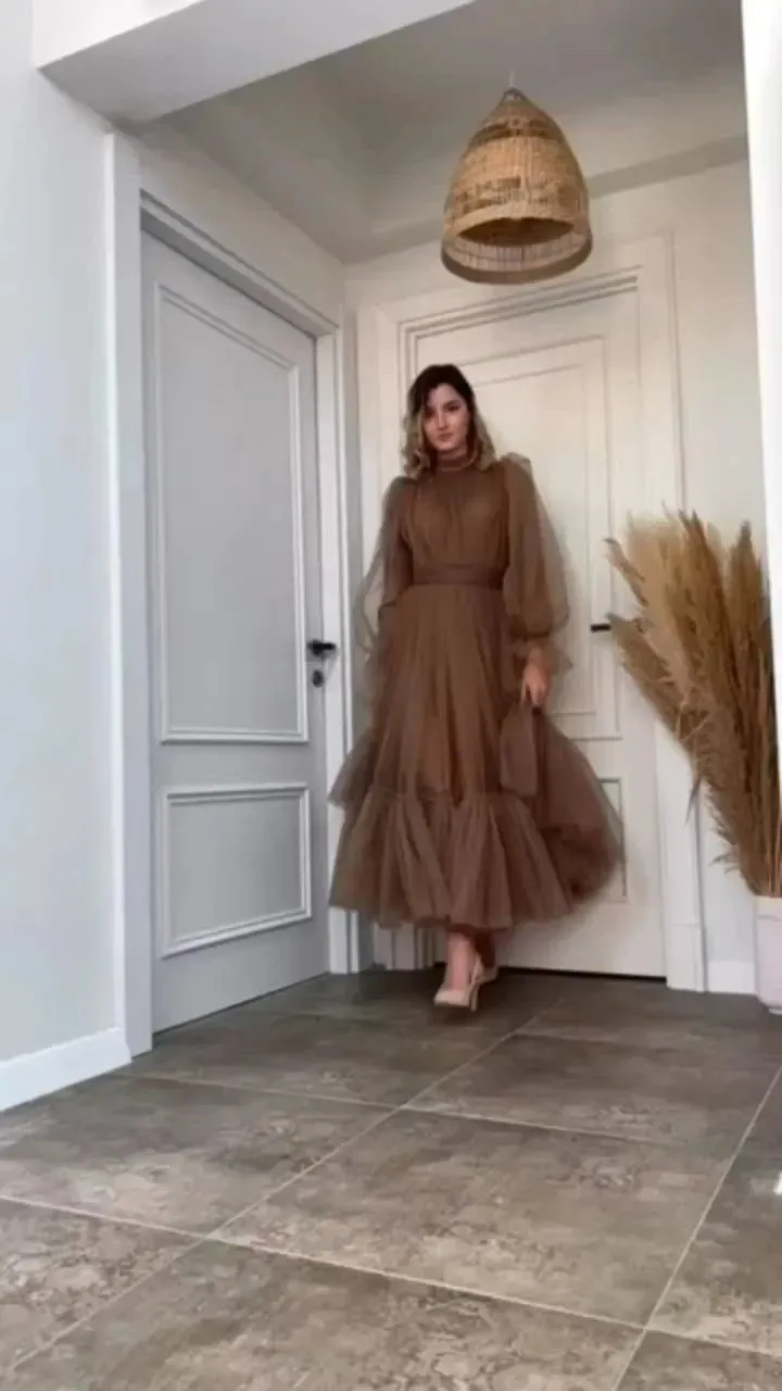 A Line Tulle Prom Dresses Lined Long Sleeves Ankle Length Midi Evening Gowns Formal Women Occasion Party Dress