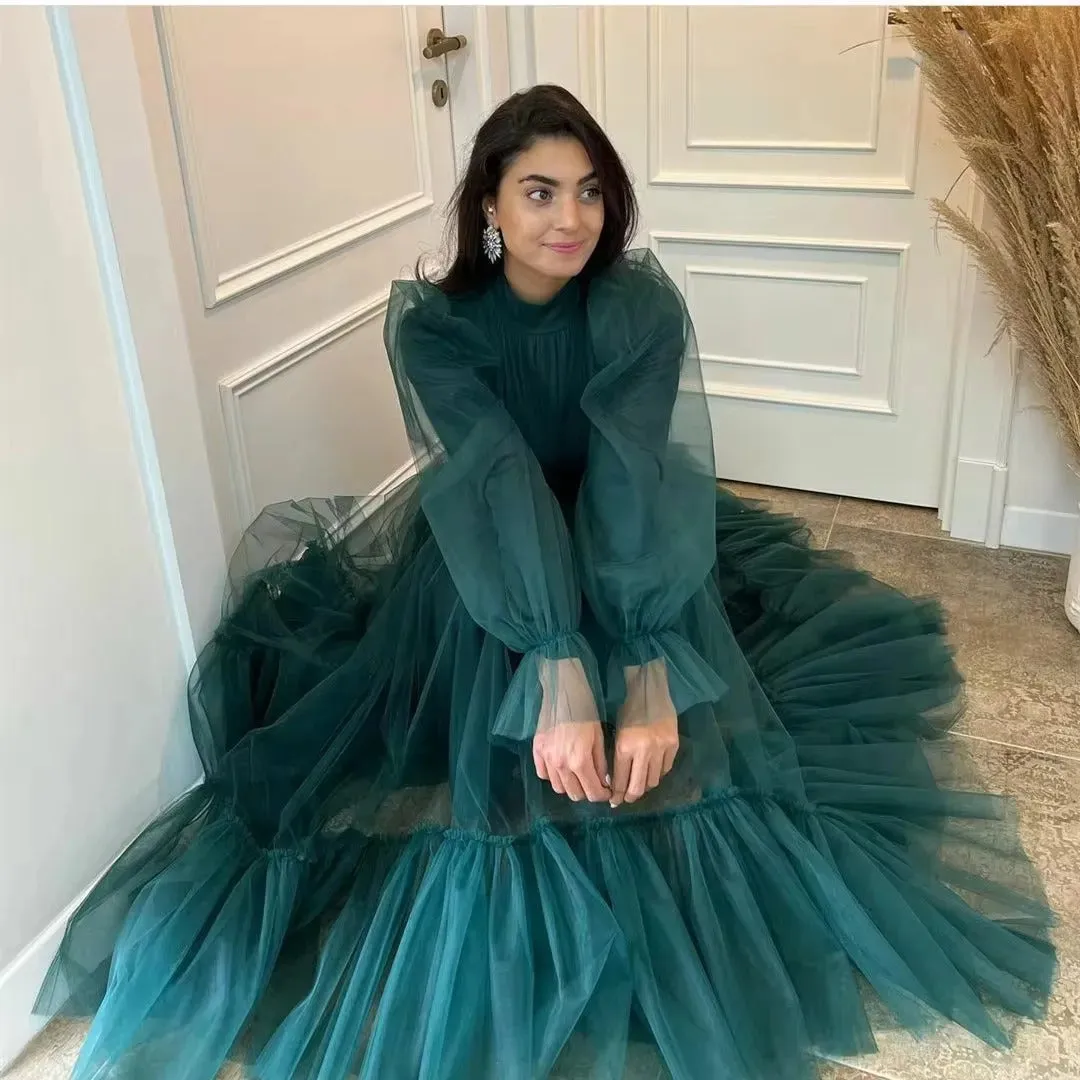 A Line Tulle Prom Dresses Lined Long Sleeves Ankle Length Midi Evening Gowns Formal Women Occasion Party Dress
