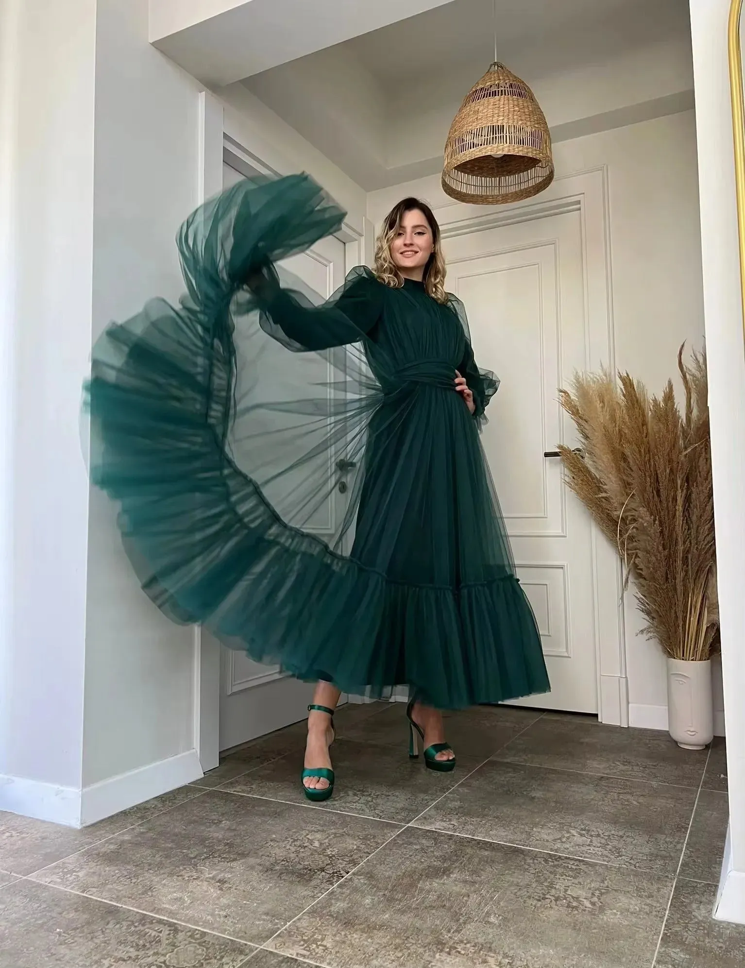 A Line Tulle Prom Dresses Lined Long Sleeves Ankle Length Midi Evening Gowns Formal Women Occasion Party Dress