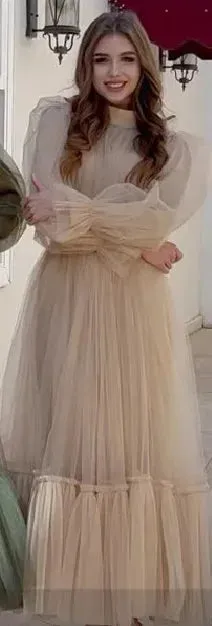 A Line Tulle Prom Dresses Lined Long Sleeves Ankle Length Midi Evening Gowns Formal Women Occasion Party Dress