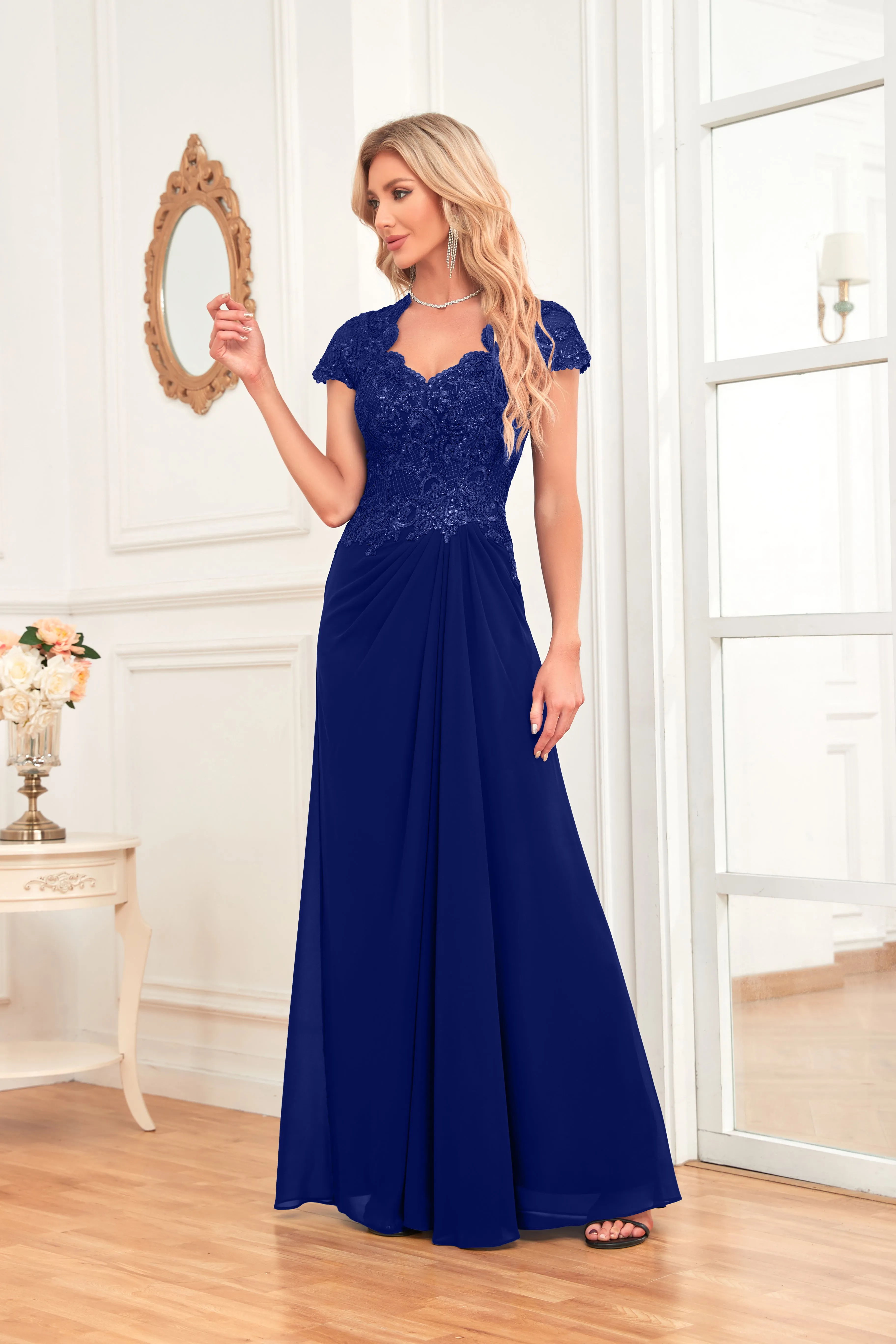 A-line V-Neck Floor-Length Chiffon Lace Mother of the Bride Dress With Sequins Beading