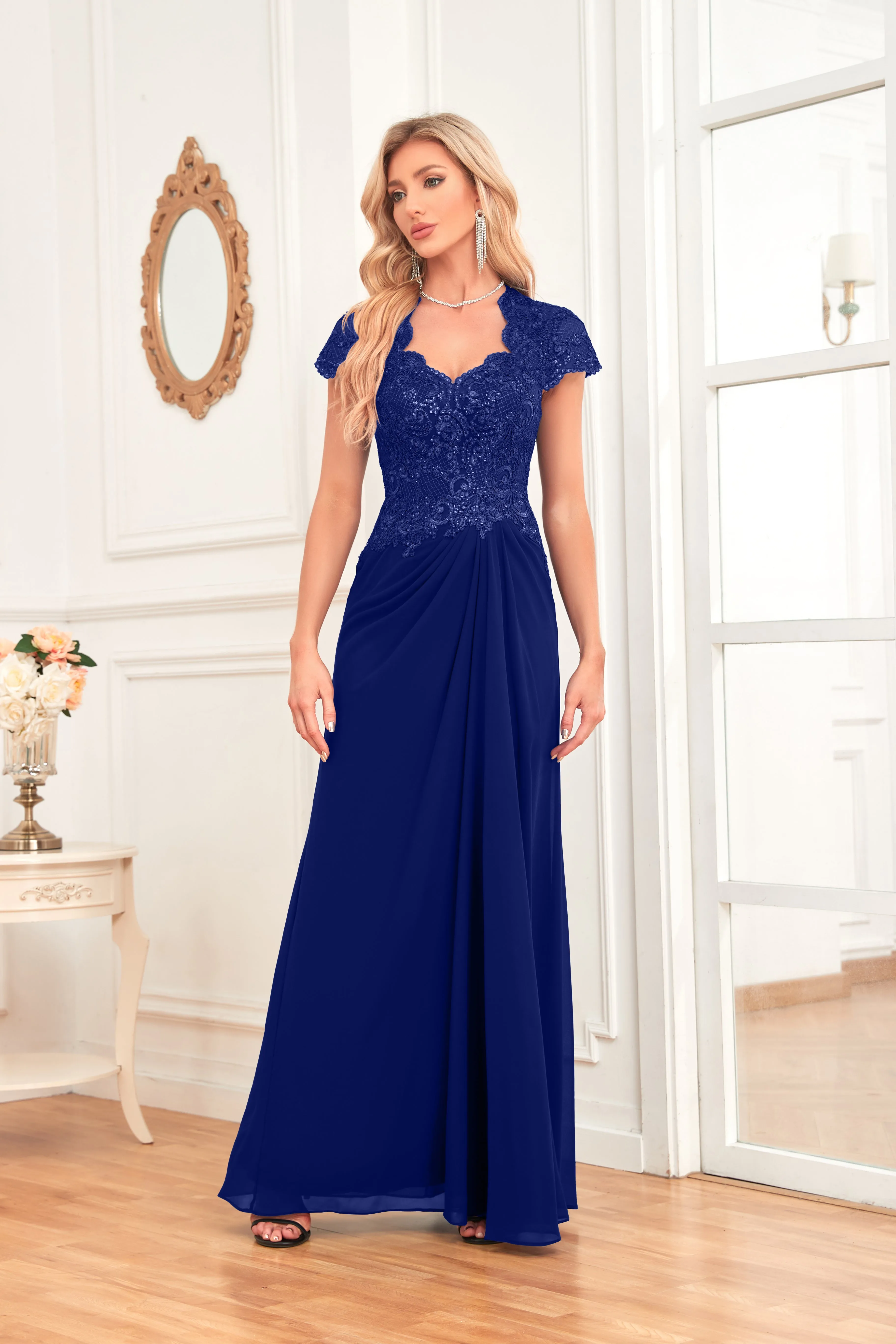 A-line V-Neck Floor-Length Chiffon Lace Mother of the Bride Dress With Sequins Beading