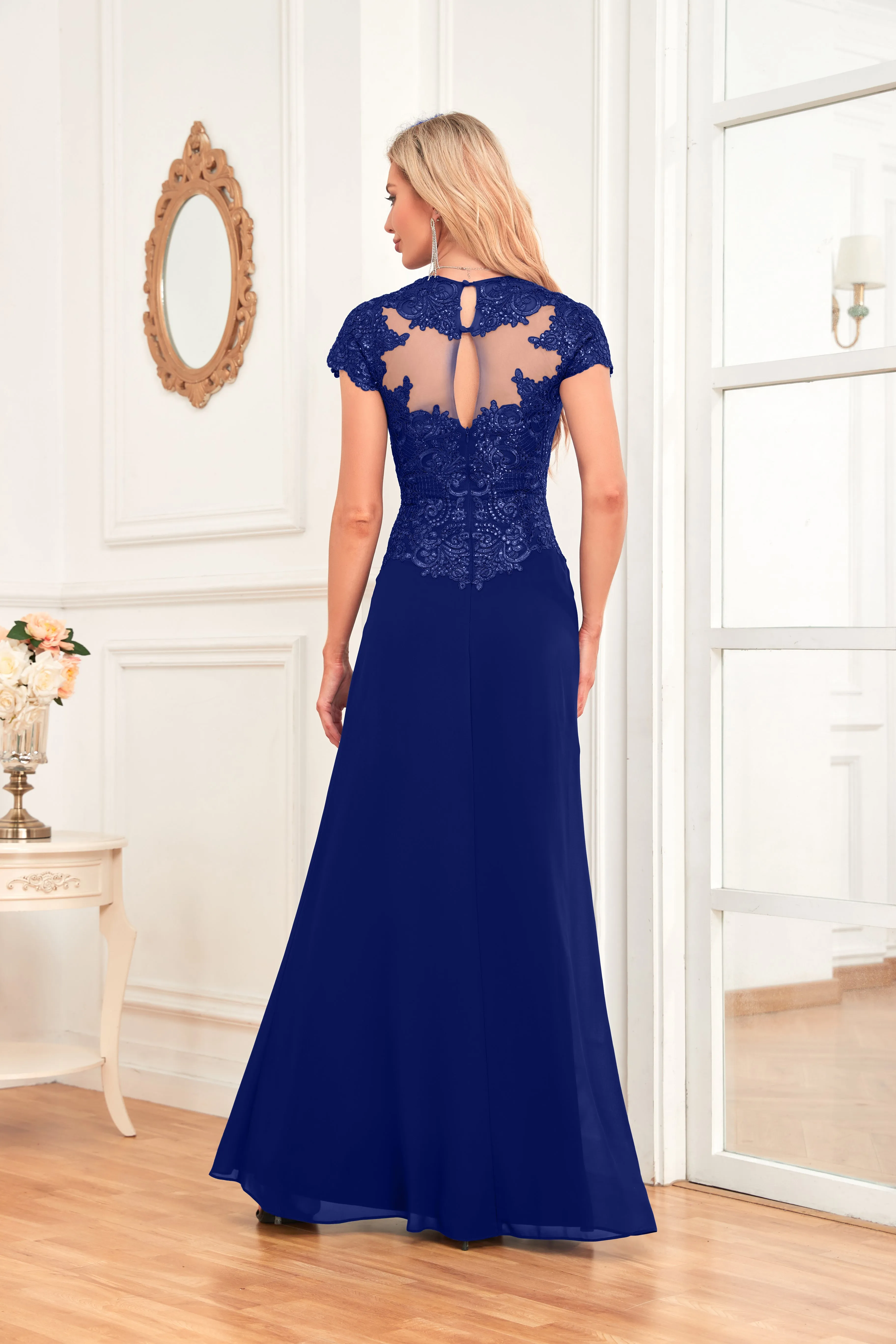 A-line V-Neck Floor-Length Chiffon Lace Mother of the Bride Dress With Sequins Beading