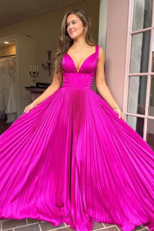 A-line V-Neck Pleated Long Prom Dresses