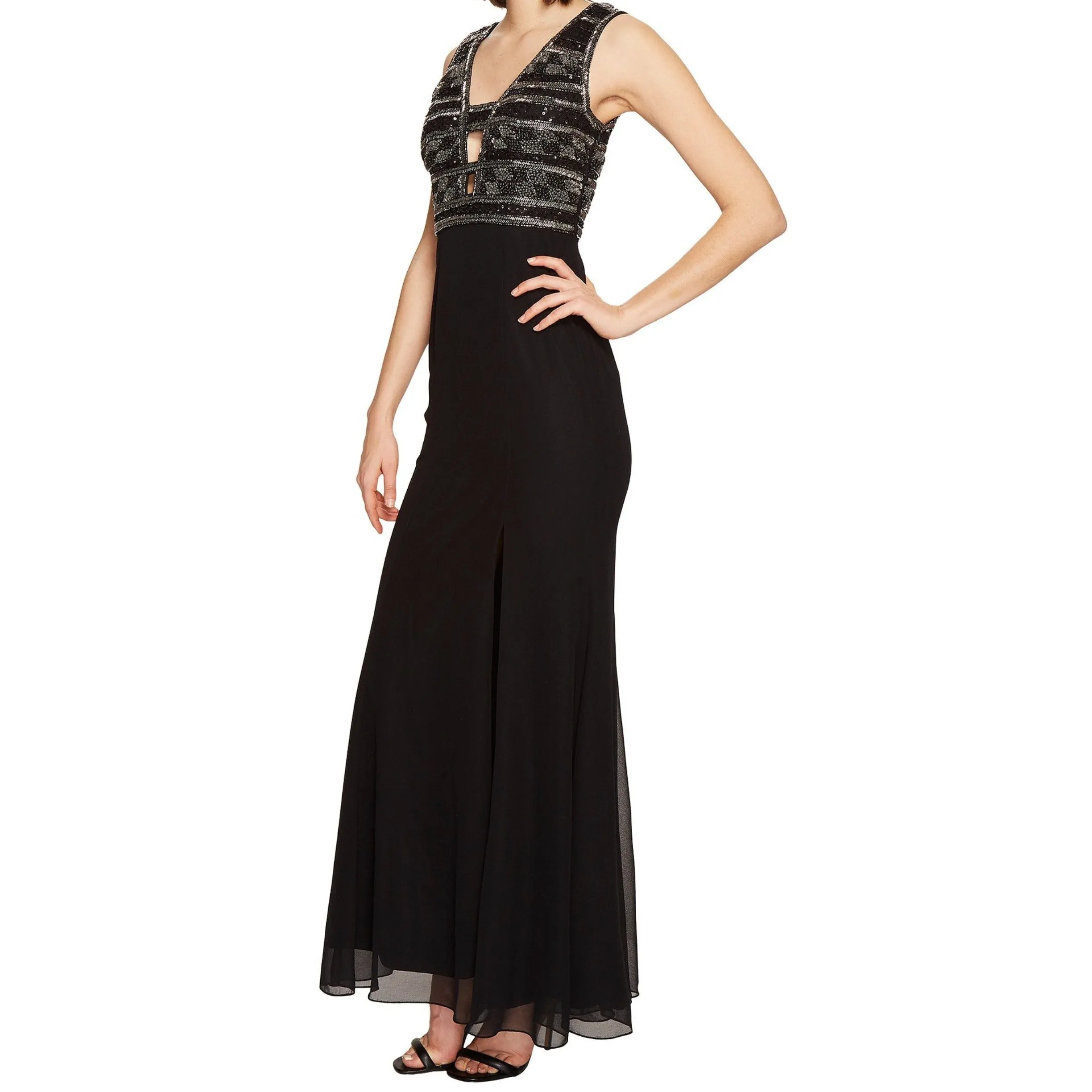 ADRIANNA PAPELL Black Embellished Top Long Dress Size 4 NWT