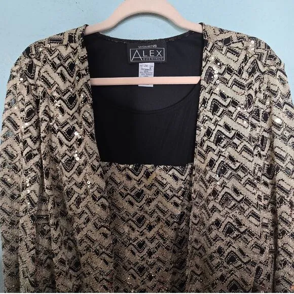 ALEX EVENINGS Womens Plus Size 2X Gold Black Sequins Jacket Tank Set Round Neck