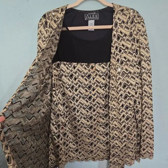 ALEX EVENINGS Womens Plus Size 2X Gold Black Sequins Jacket Tank Set Round Neck