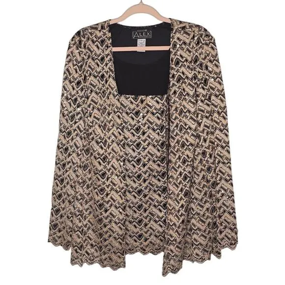 ALEX EVENINGS Womens Plus Size 2X Gold Black Sequins Jacket Tank Set Round Neck