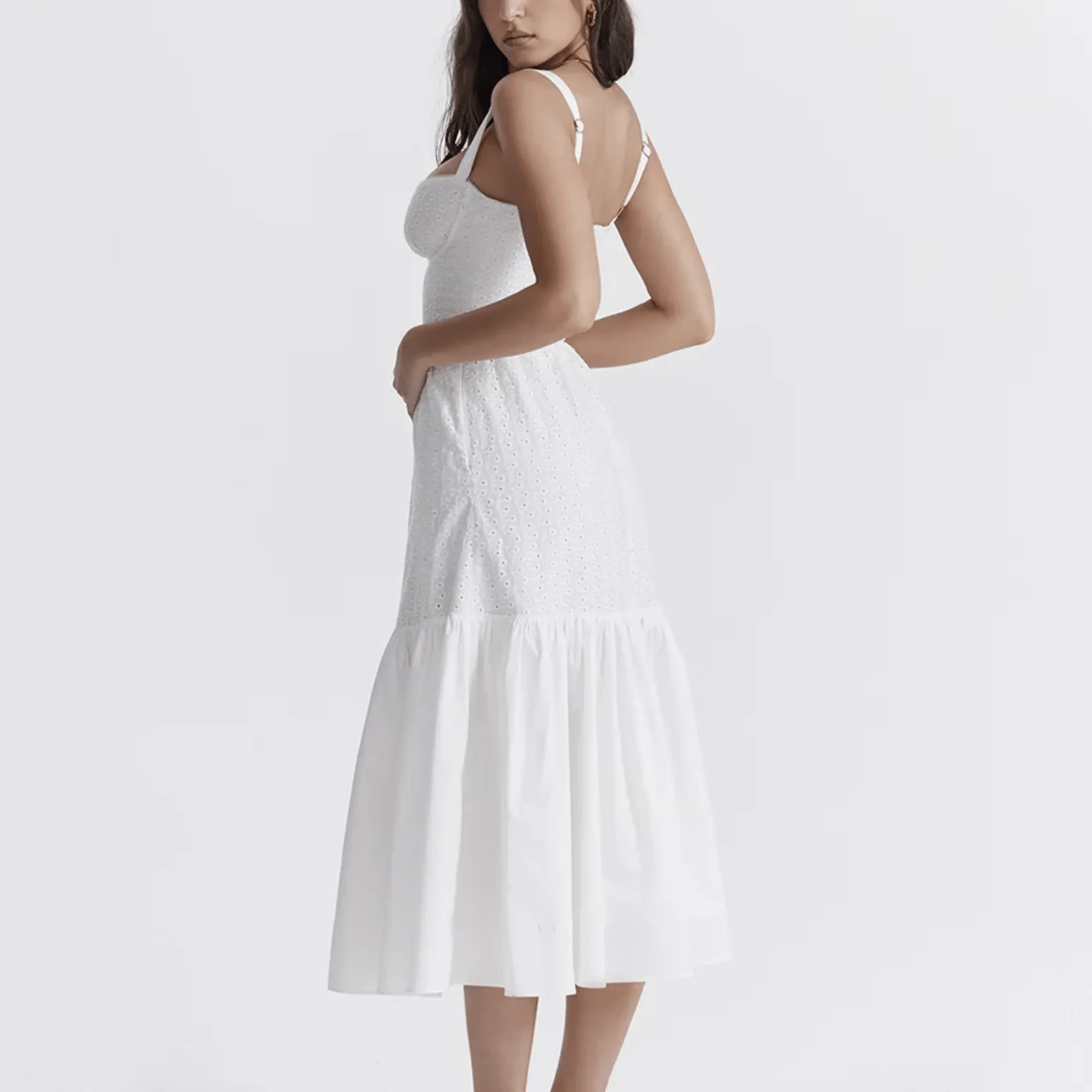 Amoura - White Midi Embroidery Summer Dress